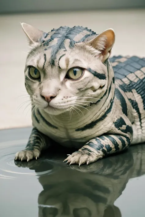stylized by Amy Earles, Becky Cloonan, Water color painting,close up of a Harsh Alligator with Scottish Fold Cat skin, royal pose, Confused, Harajuku, Slow Shutter Speed, Ilford XP2 400, 800mm lens, behance HD