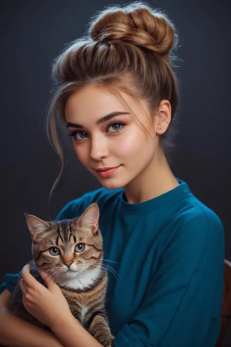 by Natalia Rak, by Charlie Bowater, by Mark Lovett, cute 18 year old woman and her cat, hyperdetailed photography, cinematic photo <lora:juggernaut_cinematic:1.00>, messy_updo, by Guweiz
