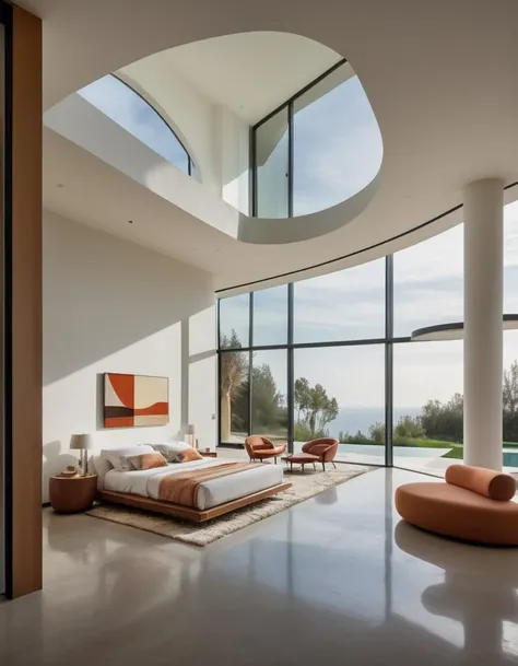 A photo capturing a (modern villa room:1.3), steeped in surrealism, abstract elements, blending (contemporary architecture:1.2) with (dream-like ambiance:1.2), fluid lines, (bold geometric shapes:1.1), contrasting colors, (ethereal lighting:1.1), play of shadows and light, minimalist decor, expansive windows, fusion of indoor and outdoor spaces, Nikon D850, 1/125s, f/8, ISO 100, high dynamic range, rich textures, subtle interplay of natural and artificial elements, RAW format, artful composition,