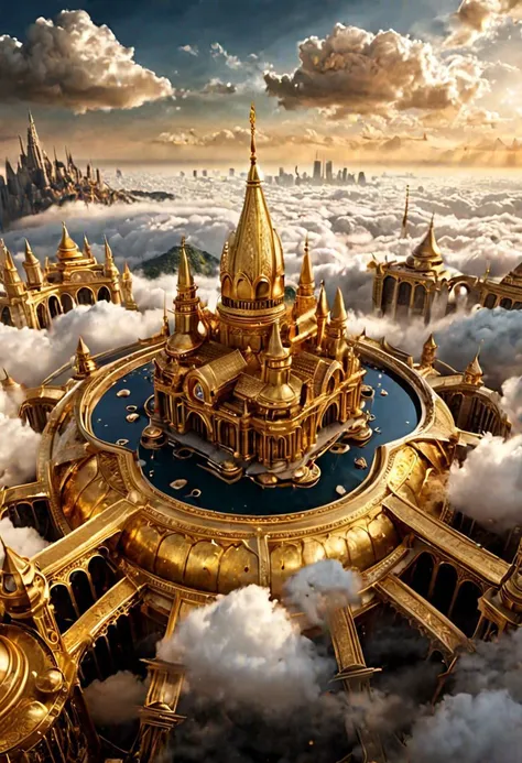 (golden city floating in the clouds), fantasy, mystical, hyper-realism, realistic, masterpiece, intricate details, best quality, highest detail, professional photography, detailed background, depth of field, insane details, intricate, aesthetic, photorealistic,