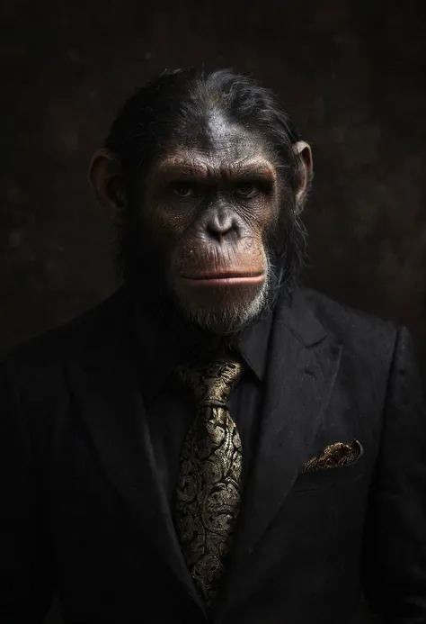cinematic photo, dark photo, portrait of a chimp wearing a black suit jacket with a black shirt with a black and gold paisley vest and a black and gold paisley necktie, black background, shallow depth of field, vignette, highly detailed, moody, epic, gorgeous, film, atmospheric haze, dynamic lighting