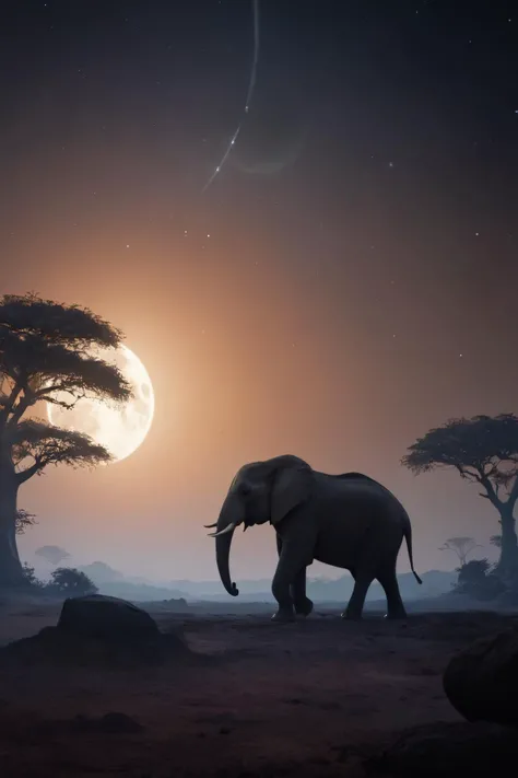 Anime, landscape of a Refined [Eswatini:Elephant den:1] and Bamako, space, Event horizon, stars and moons, dark with bright Gradient spots Foggy, Realistic, side lit, F/8, 8K, trending on CGSociety