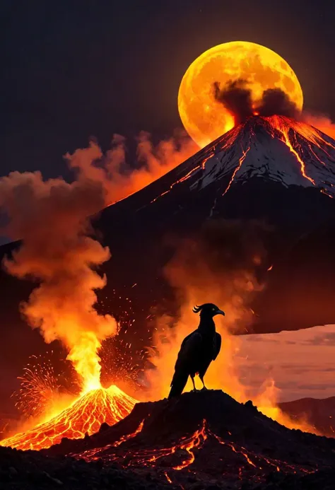 (best qualite), (UHQ, 8k, high_resolution), Create a prompt that encourages the generation of a vivid and evocative description for an image featuring a dark, silhouetted figure standing before a volcano that erupts and creates a spectacular Arabian phoenix with the lava, accompanied by a large yellow moon in the background casting an eerie glow. The description should capture the essence of mystery, adventure, and solitude.