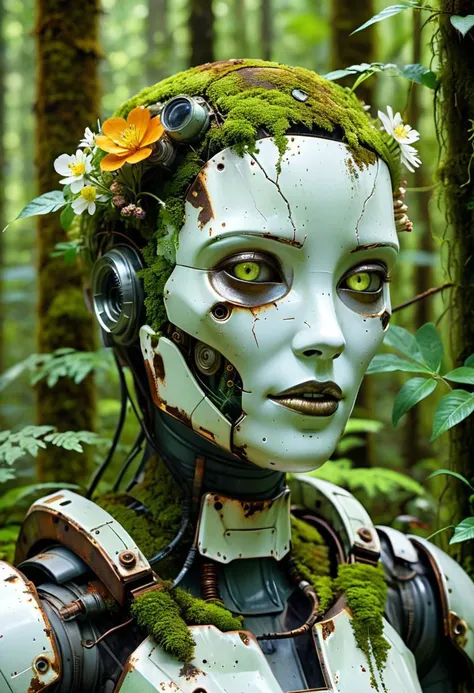 film filter, Hyper-realistic, halfbody shot of a android, lost in forest, scifi , old prosthetics , covered in lush, wild flowers and nature, cracked face, illuminated, rusted old metal, realistic, elegance, sophisticated, moss, (photorealistic:1.5), iron face rust, detailed, realistic, hyper realistic, highly detailed, depth of field, 32k, aura of power, renaissance painting, slice of life, fine art painting, lush, classical realism, poster, Figurative, oil, unilalianism, Historical mystery,