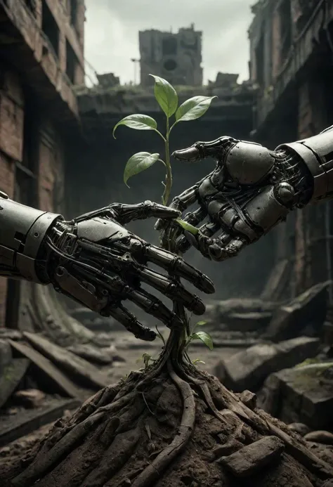 Capture the essence of a dystopian future in a close-up photograph featuring two cyborg or robotic hands cradling a mound of fresh earth with a vibrant green sprout, set against a backdrop of dark ruins. Explore the juxtaposition of technological beings nurturing the symbol of life in the midst of desolation.
very detailed, atmospheric haze, Film grain, cinematic film still, shallow depth of field, highly detailed, high budget, cinemascope, moody, epic, OverallDetail, gorgeous, 2000s vintage RAW photo, photorealistic, candid camera, color graded cinematic, eye catchlights, atmospheric lighting, skin pores, imperfections, natural, shallow dof
