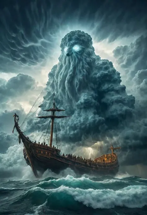 erie, greek fantasy landscape near land ((medieval fantaisy)), a giant translucent shining ghost creature in the stormy clouds, hp lovecraft frame, sharp focus, hyperrealistic, epic scenery, Terragen, large viking ship sailing in the sea fighting the storm