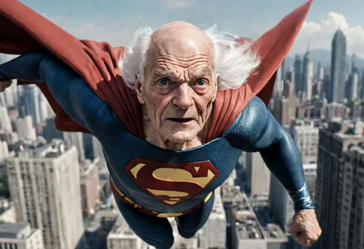 cinematic, extremely old elderly superman flying over the city, 90 year old, white hair, hair loss, balding, wrinkled face, toothless, flapping skin, wearing adult diapers, ultrasharp, hyperrealistic, hires