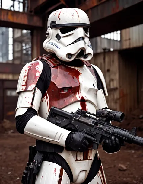 A photo of a (Horror stormtrooper:1.3) with (cyberpunk aesthetics:1.2), standing against a backdrop of rusted gears, decaying structures, (blood-covered armor:1.1), (blaster in hand:1.1), dystopian ambiance, merging nature and machine, futuristic decay, contrasting materials, HD resolution, intricate armor details, moody lighting, organic growth meets technology, Canon EF, 50mm, evocative palette, RAW photography, professional grade,