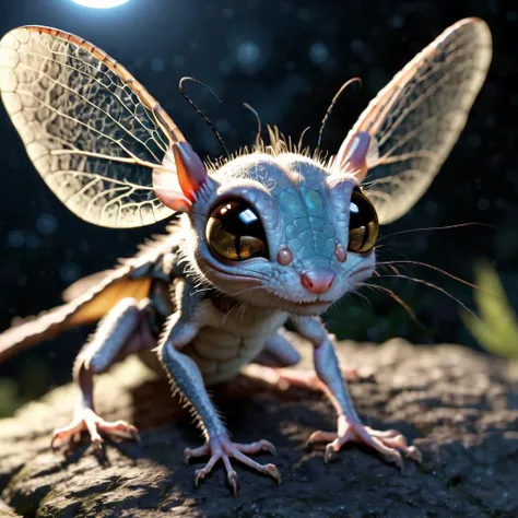 night,raytracing,tilted picture,raw photograph,photorealistic,realistic skin texture,concept art of the very shy dragonflymouse in its natural habitat,its iridescent compound eyes are reflecting the moonlight,