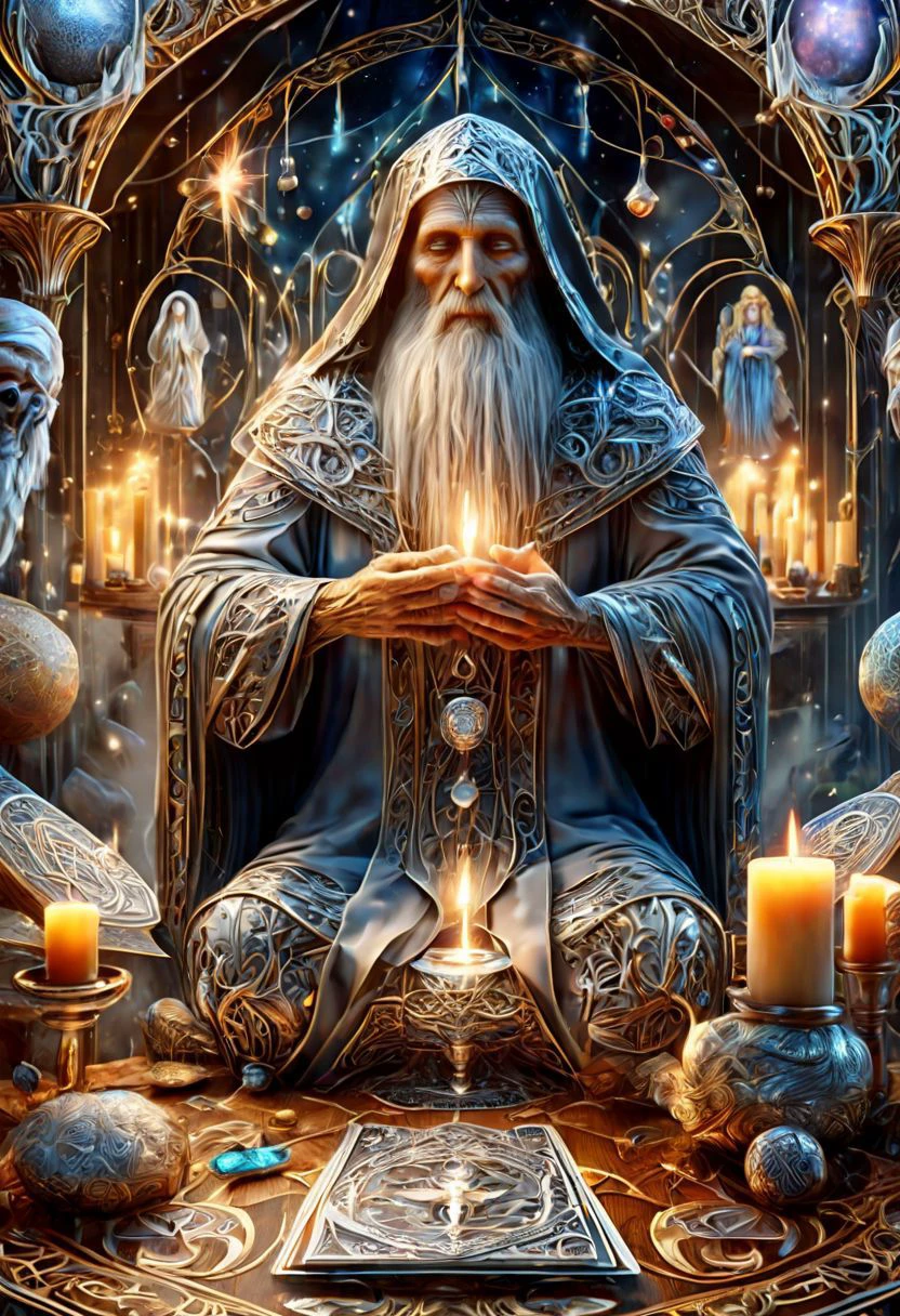 Ultra realistic, RTX, ray tracing, amazing quality, masterpiece, best quality, hyper detailed, ultra detailed, UHD, Tarot card "The Hermit" Pattern,DonMD34thM4g1cXL