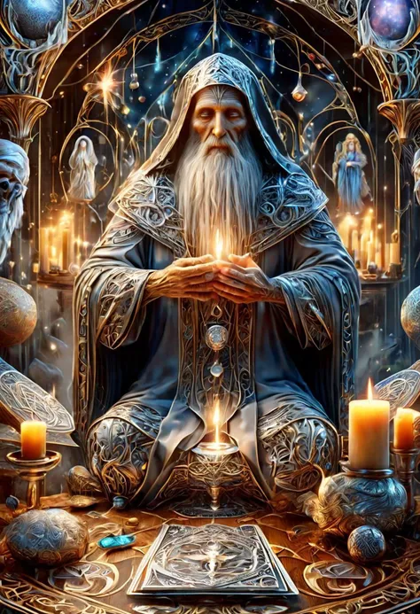 Ultra realistic, RTX, ray tracing, amazing quality, masterpiece, best quality, hyper detailed, ultra detailed, UHD, Tarot card "The Hermit" Pattern,DonMD34thM4g1cXL