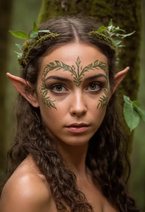 amateur photo portrait,55mm,(female indigenous elven dryad:1.3),visible elven ears,(her tribal outfit made of vines,moss and leafs),face the camera with intense eye contact,mysterious,attractive,sensual,shy,innocent,amazing eyes (background is out of focus dark fantasy forest with fireflys,mystical night),cinematic shot, skin texture, Extremely high-resolution details, photographic, realism pushed to extreme, fine texture, incredibly lifelike , detailed eyes, detailed iris, soft lighting, (style by  Nadine Ijewere ) ( Sigma fp L ) ( Panasonic Lumix S Pro 70-200mm f/2.8 OIS ) ( Fujichrome Provia ), iso 100, 4k, 8k, 16k, 32k, uhd, upscaled, high resolution, masterpiece, sharp focus, epic