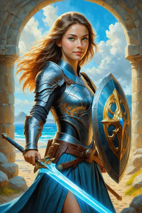 photorealistic cinematic oil painting <lora:oil_painting_envy_anime:0.60> by (((Sven Nordqvist) and Mark Lovett) and Ken Sugimori) and Alena Aenami, character, sword and shield <lora:sword_and_shield:0.45>