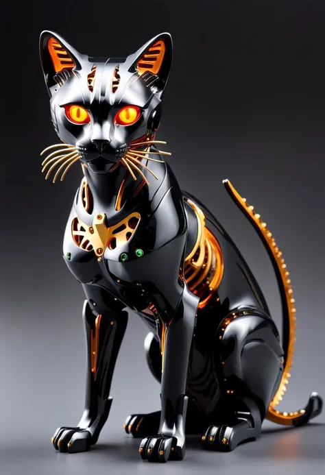 "black plastic exterior", "orange glowing feline eyes", "transparent plastic exterior revealing brass gears and circuitry inside"
(rich vibrant colors, masterpiece)
dynamic pose, dynamic composition, iconic