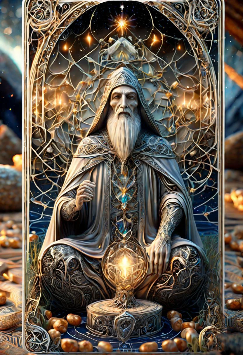 Ultra realistic, RTX, ray tracing, amazing quality, masterpiece, best quality, hyper detailed, ultra detailed, UHD, Tarot card "The Hermit" Pattern,DonMD34thM4g1cXL