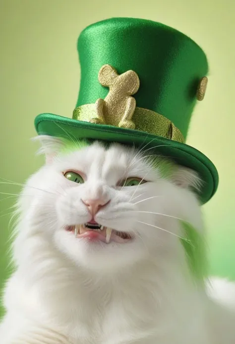 A strikingly majestic St. Patrick's Day cat wearing a leprechaun hat and a fake green beard, its fur exhibiting a stunning blend of colors, reminiscent of the intricate strokes of a master painter.