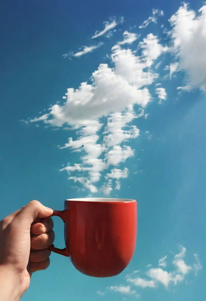 F-B-C, POV, foreground: a hand holding a mug  , background: clouds , effect:  clouds evaporate from a warm mug