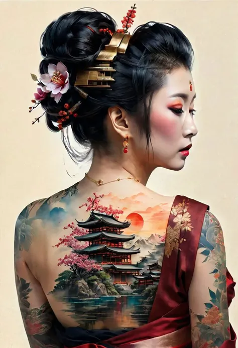 masterpiece, best quality, 8k, HDR, RGB, oil paints, watercolor, ink,
A double exposure of a Geisha, full body, rear view, back tattoo, intricately adorned with blooming flowers arranged in her flowing hair, superimposed with a distinct painting set in her silhouette, presents an array of historical Japanese architectural landscapes, an artistic collage of timeless beauty juxtaposed with modern elegance, imitation of the autumn empress,
Bastien Lecouf-Degarme, Carn Griffiths, E. Abramzon, Raphael, Caravaggio,