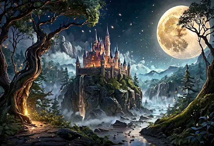 Create a breathtaking scene of a mythical nightscape, where a radiant moon hangs low in a star-studded sky, casting a gentle glow over a mystical forest. Enchanted creatures, like glowing fireflies, dance among ancient trees with twisting branches, their leaves shimmering with hints of magic. A soft mist clings to the ground, adding an ethereal quality to the scene. In the distance, a majestic castle perches atop a rocky outcrop, its spires reaching for the heavens, all bathed in the moon's enchanting light. Capture the essence of a world where dreams and reality intertwine, inviting viewers into a realm of wonder and imagination, high resolution, 4k