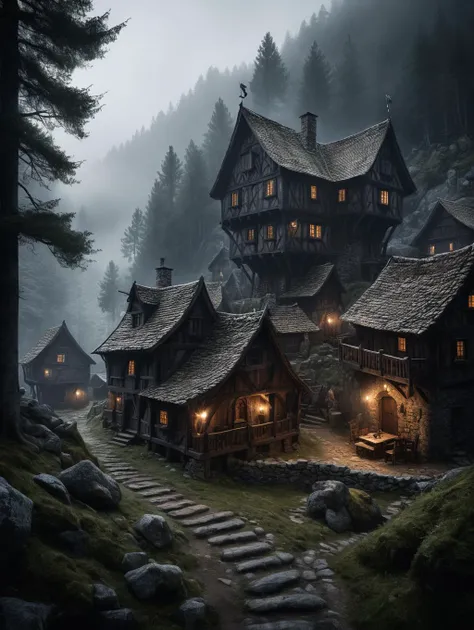 Horror-themed , A photorealistic still image of a medieval, rustic hermit village deep in the pristine mountain forests. It is a rustic town with distinctly Iron Age architecture, misty mountain landscape with forest, intricate, shot, natural lighting and shadows, volumetric fog, a sense of darkness and foreboding, epic, mystical, dark,
 <lora:add-detail-xl:1.4>, Ultra-HD-details, true to life, HDR image, High detail resolution, high detailed cloth, cinematic lighting, realistic, sharp focus, (very detailed), ((4K HQ)), depth of field, f/1.2, Leica, 8K HDR, High contrast, bokeh, realistic shadows, vignette, epic, . Eerie, unsettling, dark, spooky, suspenseful, grim, highly detailed