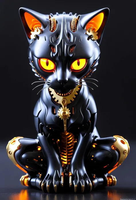 "black plastic exterior", "orange glowing feline eyes", "transparent plastic exterior revealing brass gears and circuitry inside"
(rich vibrant colors, masterpiece)
dynamic pose, dynamic composition, iconic