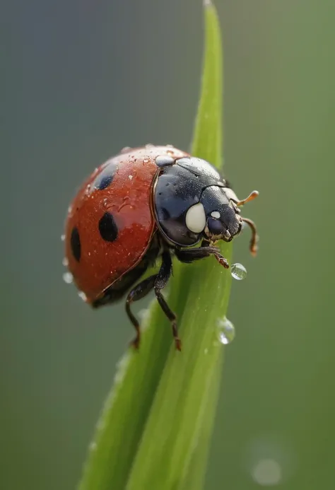 a macro photography of a lady bug on a blade of grass with a drop of water, high quality photography, 3 point lighting, flash with softbox, 4k, Canon EOS R3, hdr, smooth, sharp focus, high resolution, award winning photo, 80mm, f2.8, bokeh