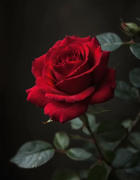 A photo of a (vivid red rose:1.2), cinematic composition, (exceptional lighting:1.1), chiaroscuro effect, deep contrasts between light and shadow, highlighting delicate petals, intricate texture, symbol of passion and beauty, high-resolution, Canon EOS R5, 1/250s, f/2.8, ISO 100, artistic palette, RAW capture, emotional resonance, visual poetry,

