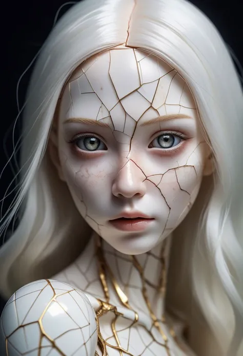 portrait of a doll with porcelain kintsugi skin, cracked skin, shattered porcelain skin, deep fine cracks, kintsugi, perfect clear realistic grey eyes, soft focus, half body editorial shot, depth of field, uncanny, long white hair, stunning perfect shining eyes, pale skin, shy smile, intricitaly hyperdetailed, amazing depth, expansive details, cracked surface, iridescent surface, Anna Dittmann, Dominic Qwek, complex masterwork by head of prompt engineering  <lora:real-humans-PublicPrompts:0.75> <lora:d3qck artstyle:0.9>   <lora:Anna_Dittmann_Style_XL0.81>