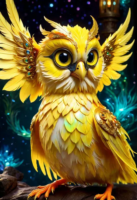 A small and cute yellow canary spawns an adorable non-human celestial animal in the celestial and fantasy style. the animal is supposed to be the most beautiful animal ever created. Consider details such as soft, feathers, silk, satin, shimmer and shimmer. Include subtle details of ghostly iridescence. emphasize small fancy details and ornate jewelry. Camera: Use interesting and dynamic composition. increase visual interest. lighting: use ambient lighting that enhances the atmosphere of the fantasy. include bright colors and deep shadows. hires, detailed eyes, hires detailed eyes, hires small details, elaborate details, ornate, 8k, shimmer, unity, official cgi unreal engine, high resolution, (((masterpiece))), high quality, high resolution, detail enhancement, (bright and light-eyed),
