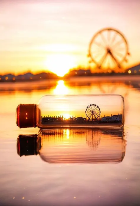 F-B-C, sharp foreground: a bottle on a beach , blurry background: a ferris wheel next to a setting sun  , effect: the bottle encapsulate the background