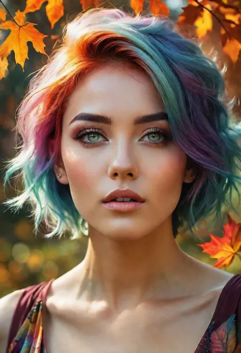 beautiful angle view of Species woman individual from another planet with multicolored hair, beautiful colorful eyes, run in autumn garden, breeze at dawn, alcohol ink painting, psychedelic art by Ross Tran, Antonio J. Manzanedo, Tom Bagshaw, mandy disher, cinematic, 32k, stills from Steven Spielberg epic film, clear focus, hyperrealistic repin artstation painting, detailed character design concept art, matte painting