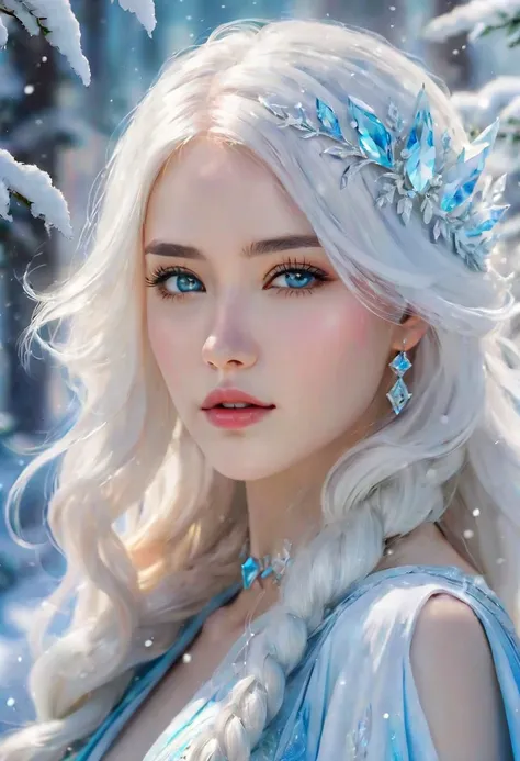 Close-up, portrait, 8K. oil paints, alcohol inks, bright saturated colors,
Ethereal figure of Aria Frostwind, her frosty platinum hair cascading down, bathed in sunlight, capturing the shimmer of fresh snowfall, pale blue eyes as crystal-clear as ice, capturing a gaze of otherworldly intensity, clothed in sophisticated attire of shimmering fabric in icy silver and mercurial blues, delicate snowflake jewelry adorning her, danced by the moonlight, poised with grace as fluid as a falling snowflake, her demeanor warm yet mysterious,
Irakli Nadar and Reilia Slaby, Benedick Bana, Art by Luis Royo, Gustave Moreau, Carne Griffiths,