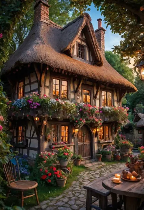 (highest quality, professional photography, masterpiece, best quality, epiCPhoto:1.4), a mysterious old cottage<quaint, magical, highly detailed realistic thatched roof, scandinavian influences, fantasy influences, (smoke rises from the chimney:0.3), intricate details, incredibly lifelike> in an enchanted wood, a most glorious feast prepared at an outdoor table, exotic, unexpected, 20 megapixel digital photograph, in the style of (world's finest award winning studio art photographer), fantastic setting, dramatic lighting, (OverallDetail:1.6)