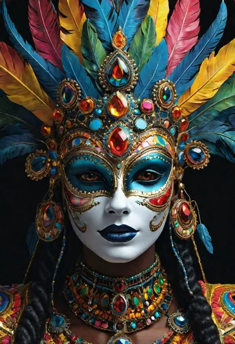 a close up of a colorful mask on a black background, digital art, by Marie Bashkirtseff, extremely detailed goddess shot, carnival on the background, detailed faces, colorful adornments, detailed digital 3d art, detailed face of a woman, colorful, symetrical detailed faces, colorful picture