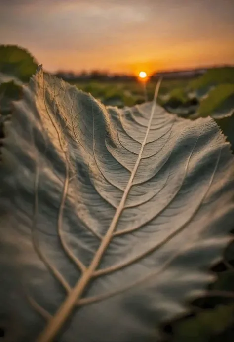 F-B-C, foreground: a leaf depth of field , background: sunset  , effect: 
the veins of a leaf flow to the sun like a river