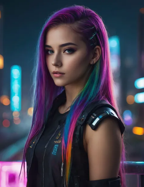 (masterpiece, best quality, detailed), ((1girl)), solo, looking at viewer, long hair, rainbow hair, outdoors, cyberpunk, city, night, city lights, neon lights, <lora:Ronin:1>