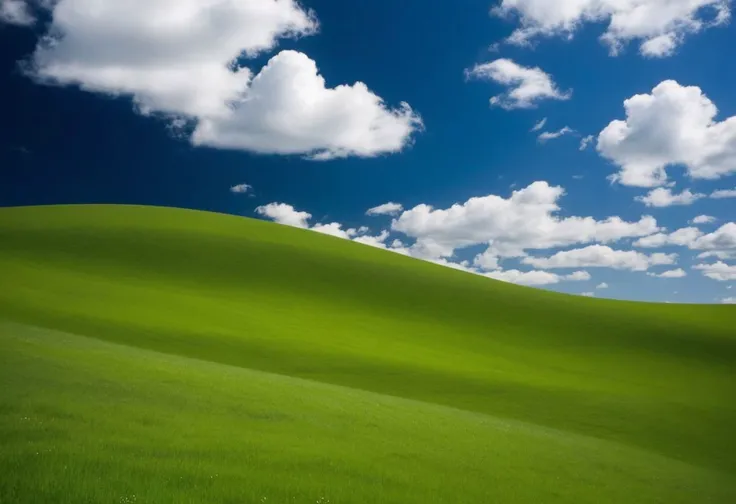 microsoft windows xp wallpaper, Bucolic Green Hills,
unedited photograph of a green hill and blue sky with white clouds, Charles O'Rear photograph, 
epic, gorgeous, vivid colors, bright image