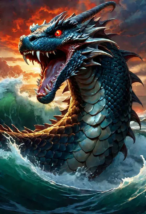 Close-up portrait, stylized as art by Frank Frazetta, of a hybrid snake and dragon monster with red eyes, violently emerging from the sea with open mouth revealing sharp teeth, skin with detailed scales, stormy ocean with giant waves, wind, storm, dark clouds with lightning, sunset, 8K, octane, perfect details, contrast, vibrant colors, Greg Rutkowski Exhibition, WLOP, at Studio Ghibli Genshin