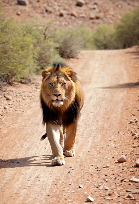 Realistic photo blue orange lion walking mars with