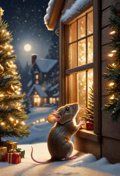 A mouse looks outside the window of a house, forrest, christmas tree, fireplace, snow, night, moonlight, highly realistic, highly detailed, 8k
