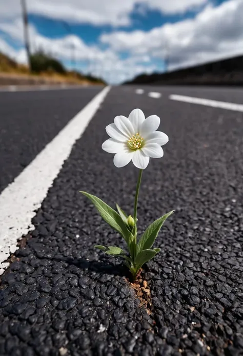 (best quality, ultra detailed), a single pretty white flower grows from a gap in the asphalt at the edge of a road where pedestrians come and go, extremely low angle shot, sky, cinematic lighting, depth of field, artistic filter,