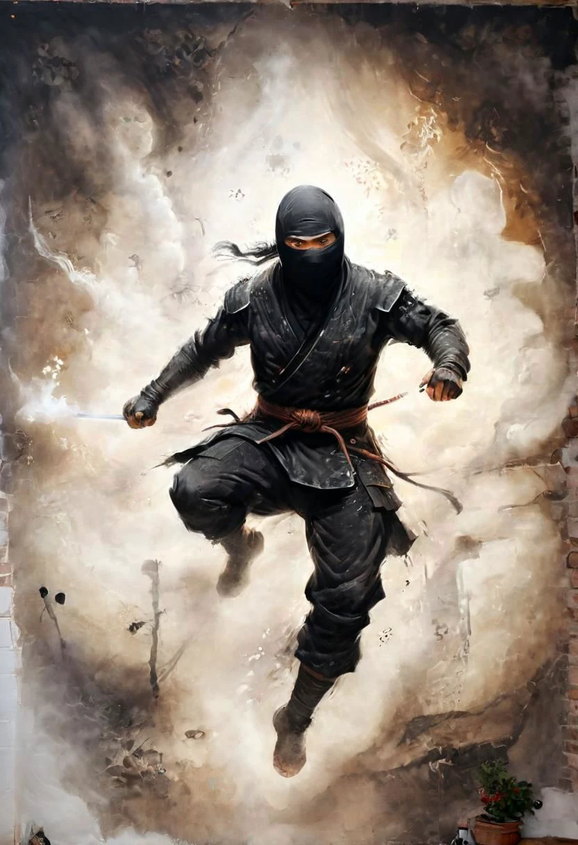 black 80s Vintage Ninja, Cotton Ninja suit, Smiling eyes visible, White Background, Fighting stance, medieval inspired Wall painting, very detailed, hd, foggy, smoke, dimmed backlight, PEHighContrast, floating particles, dynamic Scene ,divine halo