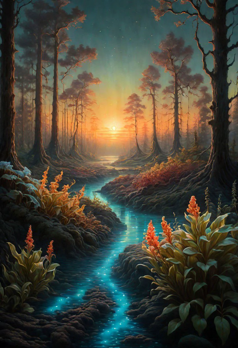 soft rustle of the sunset, extremely detailed oil painting, an oil painting, american scene painting, old book style illustration, lush, mysterious, bioluminescent, serene, digital mirrorless camera, capturing the vibrant colors and unique textures of the environments