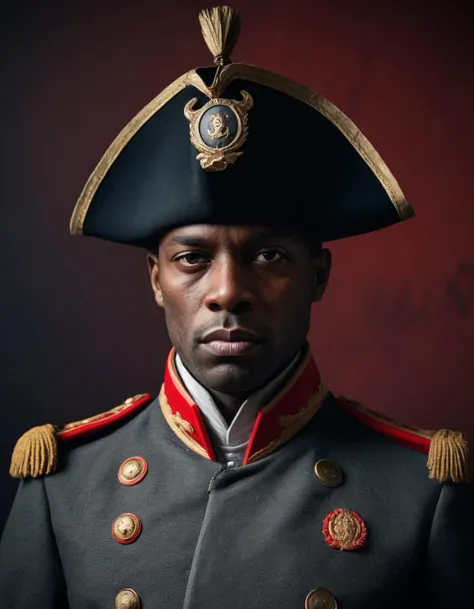 Stylized portrait of a man in historical military uniform, (iconic bicorne hat:1.3), with emblem, grey coat with high collar and brass buttons, intense stare, historical figure inspiration, weathered wall background with (abstract red streaks:1.1), dramatic lighting, strong facial features, Sony A9, 1/250s, f/4.5, ISO 500, cinematic retouching, textured finish, high-resolution digital art,