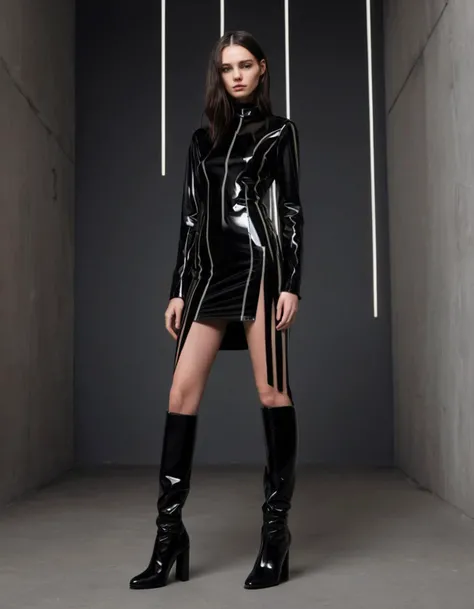 A photo of a (futuristic fashion model:1.3), (sleek black dress:1.2), (vertical light strips:1.1), industrial setting, high-gloss finish, (patent leather boots:1.2), (poised stance:1.1), striking simplicity, (ambient lighting:1.1), (muted color palette:1.1), strong vertical lines, (soft-focus background:1.1), commanding presence, Canon EOS 5D Mark IV, 1/160s, f/2.8, ISO 100, dynamic contrast, fashion-forward, (youthful elegance:1.1), (modern noir vibe:1.2), (high-fashion atmosphere:1.1), editorial portrait, Hasselblad X1D II 50C, 65mm, refined textures, captivating symmetry.