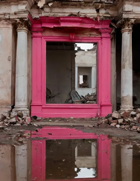 A photo capturing (reflected classical art:1.3) in (standing water:1.2), (juxtaposition of destruction and beauty:1.3), (vivid pink against muted tones:1.2), amidst (ruins of elegance:1.3), scattered debris, (damaged frames:1.1), (mirror-like reflections:1.2), contrast of (preservation and decay:1.3), solemn aftermath, historic (art in a modern plight:1.2), Leica Q2, 1/60s, f/2.8, ISO 800, conceptual depth, serene stillness, narrative of nature's claim, lost grandeur, haunting ambiance, subdued lighting, story in stillness, RAW format, poignant gallery of time's impact.