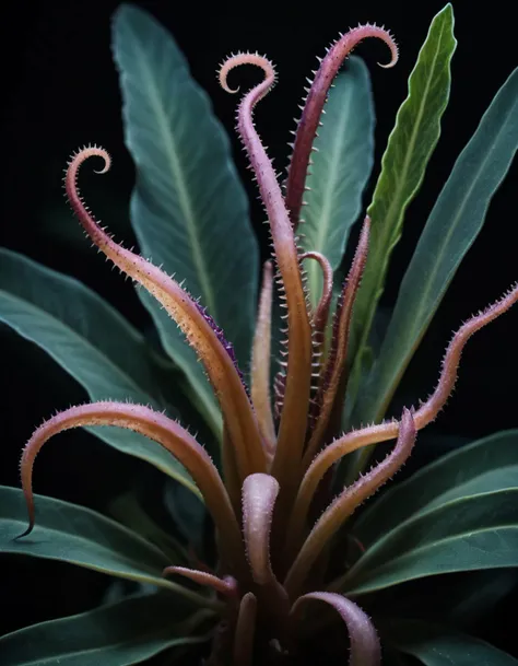 A photo of a (sinister alien plant:1.3), (twisting tentacles:1.2), adorned with (long, sharp teeth:1.2), eerie bioluminescence, otherworldly flora, vibrant alien landscape, deep-space hues, menacing aura, (extraterrestrial vegetation:1.1), intricate texture, high-detail macro, Canon EOS R5, 1/125s, f/8, ISO 640, surreal color composition, RAW capture, interstellar botany, haunting beauty, chiaroscuro effect,
