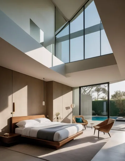 A photo capturing a (modern villa room:1.3), steeped in surrealism, abstract elements, blending (contemporary architecture:1.2) with (dream-like ambiance:1.2), fluid lines, (bold geometric shapes:1.1), contrasting colors, (ethereal lighting:1.1), play of shadows and light, minimalist decor, expansive windows, fusion of indoor and outdoor spaces, Nikon D850, 1/125s, f/8, ISO 100, high dynamic range, rich textures, subtle interplay of natural and artificial elements, RAW format, artful composition,