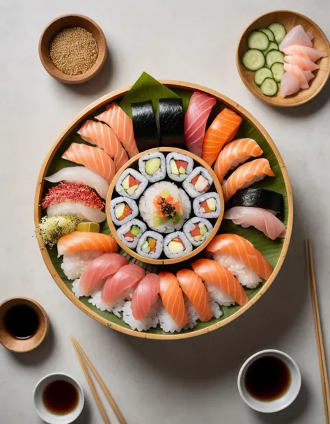 A photo of a (sushi boat:1.3), (assorted nigiri:1.2), (sliced sashimi:1.2), arrayed on a (bamboo vessel:1.1), vibrant (salmon:1.1), (glistening tuna:1.1), delicate (shrimp:1.0), wasabi dollop, pickled ginger flourish, soy sauce sheen, Japanese culinary tradition, raw beauty, seafood artistry, (seaweed wraps:1.0), crisp (cucumber slices:1.0), (sesame seed sprinkle:1.0), cultural aesthetic, overhead lighting, soft shadow play, Canon EOS 5D Mark IV, 1/125s, f/4.0, ISO 100, culinary precision, fresh ingredients, gastronomic journey, high-resolution delight, crafted for taste and visual appeal, professional grade,