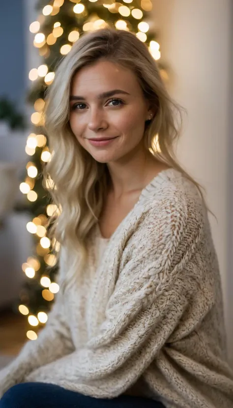 Young woman with (platinum blonde hair:1.2), cozy Nordic sweater, denim jeans, squatting pose, soft faux fur beneath, (twinkling fairy lights:1.3) background, vibrant bokeh effect, cool winter tones, intimate studio setting, playful yet thoughtful expression, Sony A7R IV, 1/160s, f/1.4, ISO 800, shallow depth of field, high-key lighting, festive ambiance, subtle makeup, candid moment,